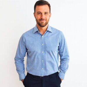 Thomas Pink Blue Check Shirt 17 Cotton Tailored Fit Button Front Businesscore